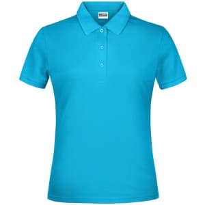 A turquoise polo shirt for women with a collared neckline and three buttons, featuring a brand logo on the label.