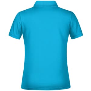 A turquoise polo shirt with a classic collar, featuring a branded logo. The back view is displayed.
