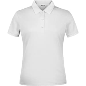 A white women's polo shirt featuring a collar, short sleeves, and a button placket. It includes a logo on the chest.