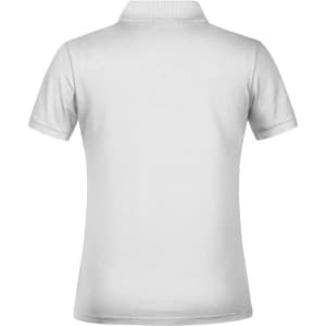 A white polo shirt with a collar and short sleeves, featuring a logo on the back.