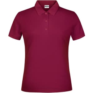 A maroon polo shirt with a collar and three buttons, featuring a logo on the chest area.