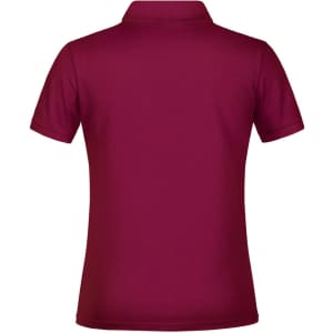 A maroon polo shirt with a classic collar and short sleeves, featuring a logo on the fabric.