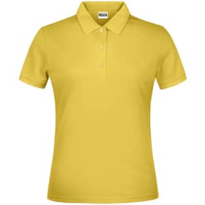 A yellow polo shirt for women featuring a collar and three-button placket, with a logo on the chest.