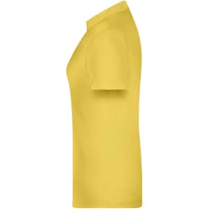 A yellow polo shirt for women, featuring a simple design and short sleeves. It has a logo on it.