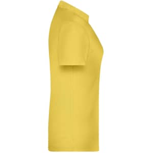 A yellow polo shirt featuring short sleeves and a classic collar, with a branding logo on the side.