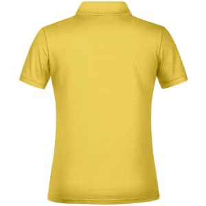 A yellow polo shirt featuring a classic collar and short sleeves. The back of the shirt has a logo.
