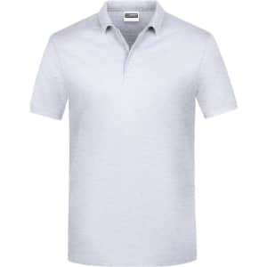 A light grey polo shirt featuring a collar and a logo on the chest. Short sleeves and a classic fit design.