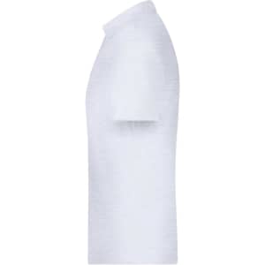 A white polo shirt with short sleeves, featuring a collar and a logo.