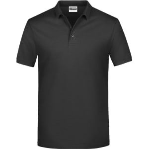 A black polo shirt featuring a collar, short sleeves, and a button placket, with a logo on the chest.