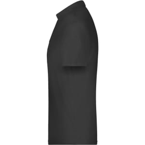 A black polo shirt with a collar and short sleeves, featuring a logo on the side.