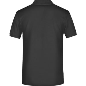 A black polo shirt with a collar and short sleeves, featuring a logo on the chest area.