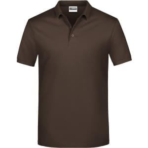 A brown polo shirt with a classic collar and short sleeves, featuring a logo on the chest.