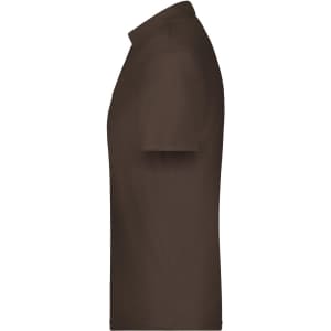 A brown polo shirt with short sleeves and a collar, featuring a logo. Side view displayed.