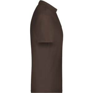 A brown polo shirt displayed from the side, featuring short sleeves and a simple design. It includes a branding logo.