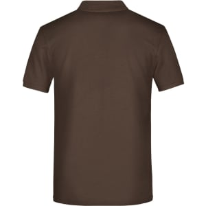 A brown polo shirt featuring a collar and short sleeves, displaying a plain back with a branding logo.