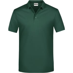 A dark green polo shirt with a collar and buttons, featuring a logo on the chest area.