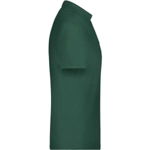 A green polo shirt displayed from the side, featuring a collar and short sleeves. The shirt has a logo on it.
