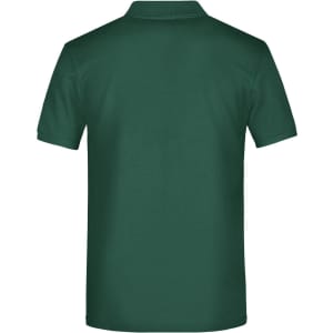 A dark green polo shirt with a classic collar and a branding logo on the back.