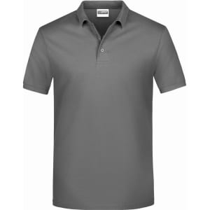 A grey polo shirt with a collar and short sleeves, featuring a logo on the chest.