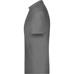 A grey polo shirt featuring short sleeves and a collar, with a logo present on the design.