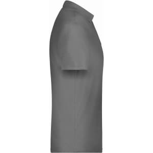 A grey polo shirt displayed from the side. The shirt features short sleeves and a collar. It includes a logo.