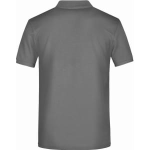 A grey polo shirt with a classic collar and short sleeves, featuring a logo on the back.