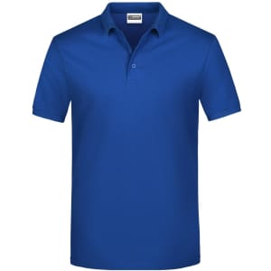 A blue polo shirt featuring a collar and three buttons, with a logo on the chest area.