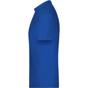 A blue polo shirt is displayed from the side, featuring a standard collar and short sleeves. It has a logo on it.