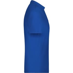 A royal blue polo shirt is displayed from the side, featuring a collar and short sleeves, along with a logo.