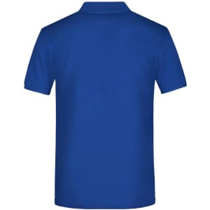 A blue polo shirt featuring a collar and short sleeves, with a logo on the back.