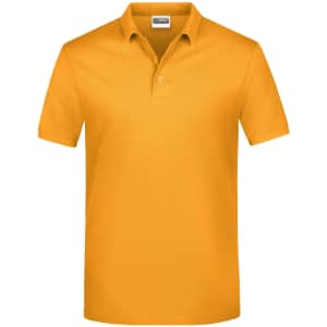 A bright yellow polo shirt featuring a two-button placket and a collar. It has a small logo on the chest.