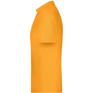 An orange polo shirt with a collar, featuring short sleeves and a side profile view. It has a logo.