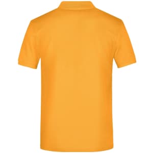A bright orange polo shirt with a collar and short sleeves. The back view displays a plain design and a logo.