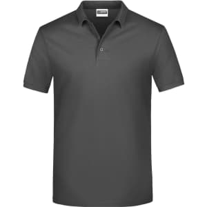 A dark grey polo shirt with a collar and three buttons, featuring a branding logo.