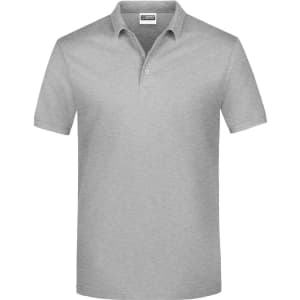 A grey polo shirt with a collar and three buttons, featuring a logo on the chest.