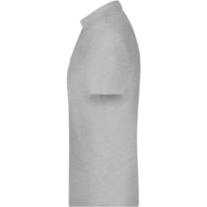 A grey polo shirt featuring a classic collar and short sleeves, with a logo on one side.