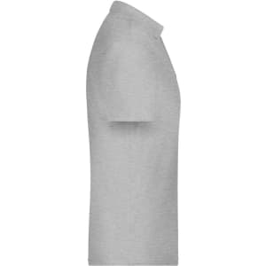 A grey polo shirt with a collar and short sleeves, featuring a logo on the chest.