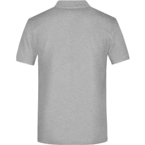 A grey polo shirt featuring a collar and short sleeves, with a branding logo on the back.