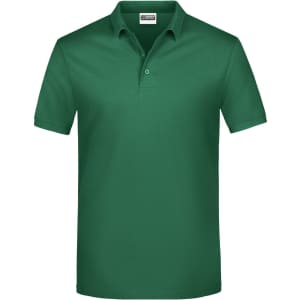 A green polo shirt featuring a collar and a front placket with buttons, with one logo present.