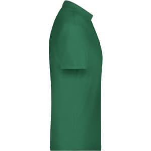 A green polo shirt displayed from the side, featuring a collar and short sleeves, with a logo on the chest.