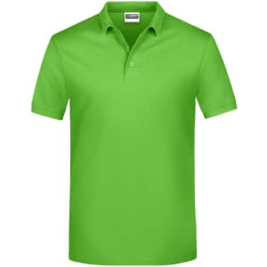 A bright green polo shirt with a classic collar and short sleeves, featuring a logo on the upper left.