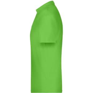 A bright green polo shirt with a collar, featuring a logo. Side view showing a simple, clean design.