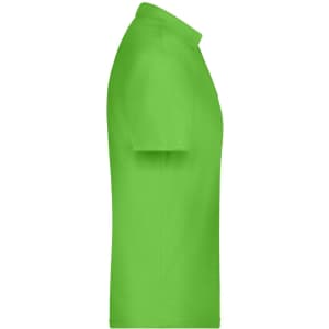 A bright green polo shirt with a collar, featuring a logo. Shown from the side view.