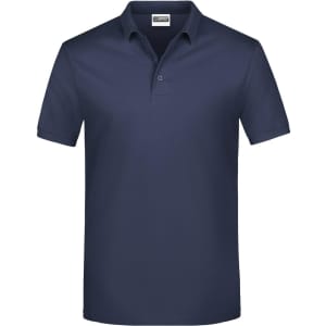 A navy polo shirt with a collar and three buttons, featuring a logo on the chest.