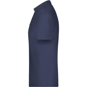 A navy blue polo shirt featuring a collar and short sleeves, with a logo on the side.