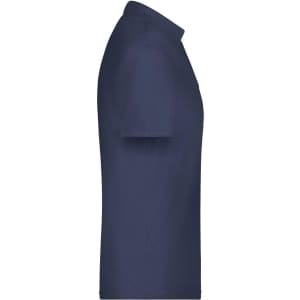 A navy blue polo shirt featuring short sleeves and a collar, with a logo on the front.