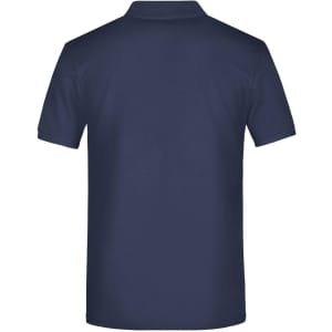 A navy blue polo shirt with a classic collar and short sleeves, featuring a logo on the back.