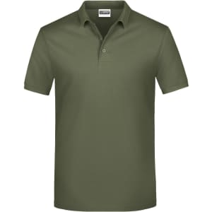 An olive green polo shirt featuring a collar and a logo on the chest.