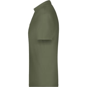 A green polo shirt is displayed from the side, featuring a simple design and a branding logo.