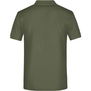 An olive green polo shirt with a collar, featuring a logo on the back.